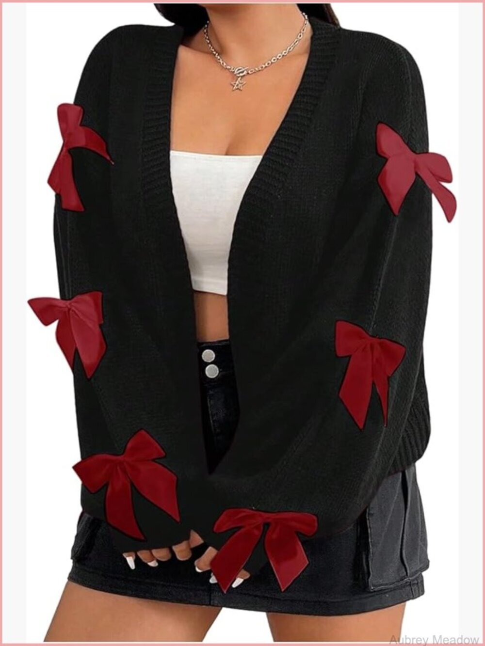 Plus Size Open Front Cardigan Sweater Bow Long Sleeve Drop Shoulder Knit